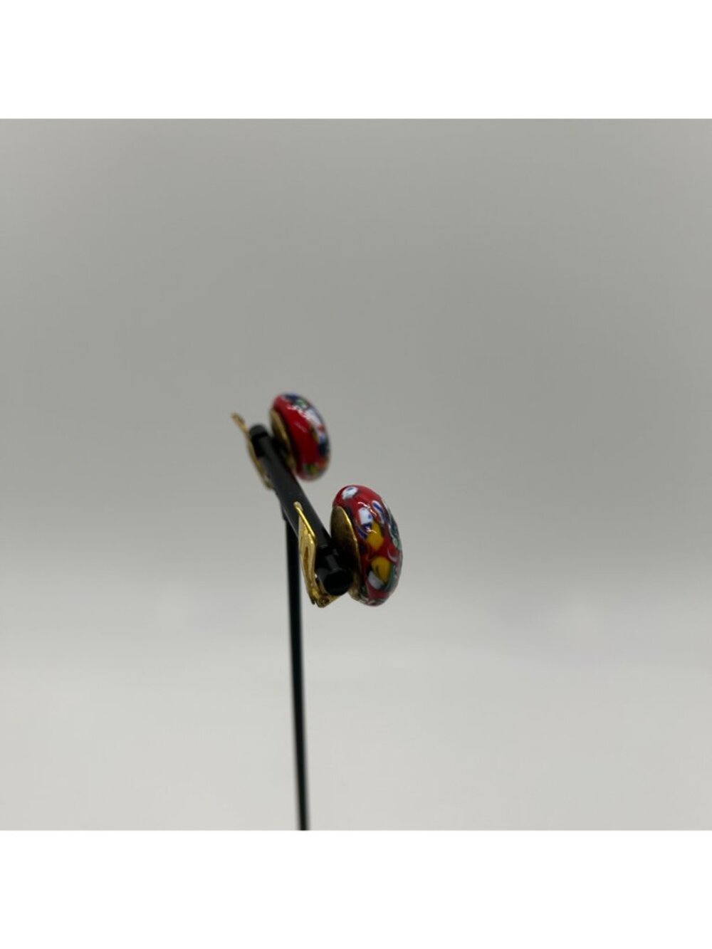 Millefiori Glass Clip-On Earrings Red Dome Multi-Color Mosaic Vintage - Picture 12 of 16